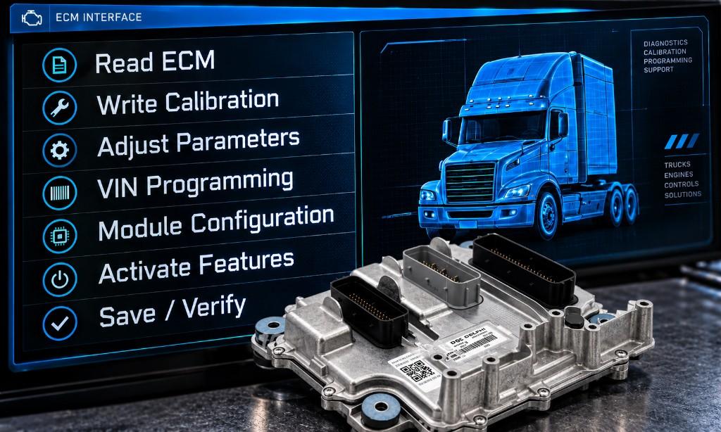 ECM programming menu with VIN programming and calibration options beside a Detroit Diesel control module